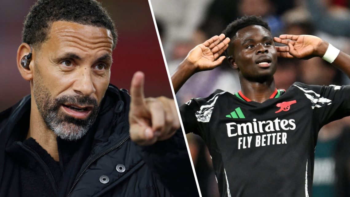 Split image of (L) Rio Ferdinand pointing forward while working as a pundit and (R) Bukayo Saka celebrating his goal for Arsenal against Real Madrid