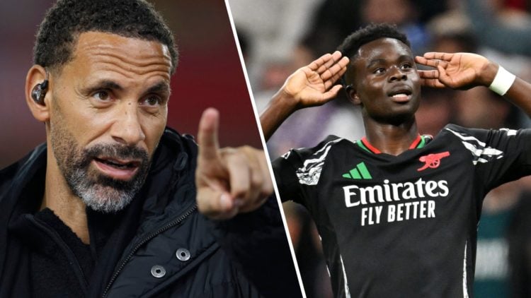 Split image of (L) Rio Ferdinand pointing forward while working as a pundit and (R) Bukayo Saka celebrating his goal for Arsenal against Real Madrid
