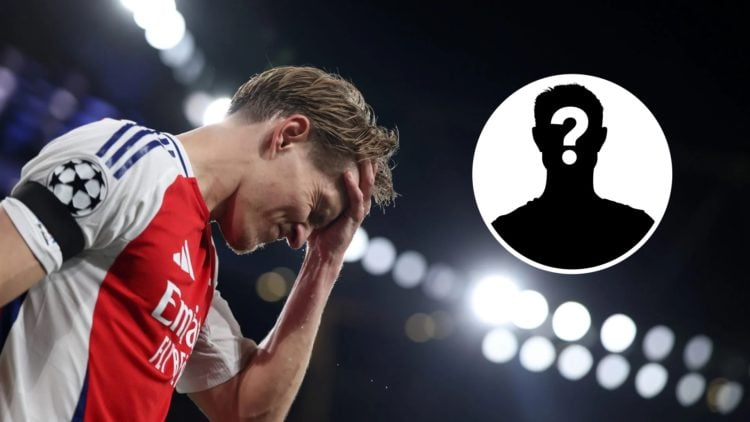 Martin Odegaard reacts during Arsenal vs PSG in the Champions League semi-final first-leg with mystery icon inset.
