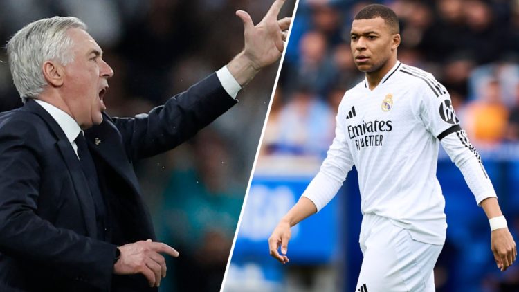An image featuring Carlo Ancelotti gesturing during a Real Madrid match alongside Kylian Mbappe