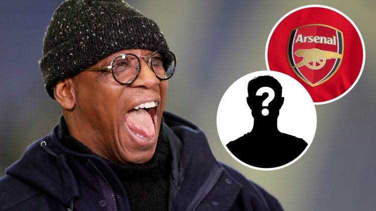 Image of Ian Wright laughing with insets of the Arsenal badge and a mystery player