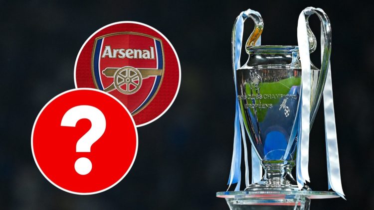 A split image featuring the Arsenal badge and a general view of the Champions League trophy