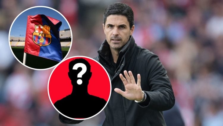 Image of Mikel Arteta gestures during Arsenal vs Newcastle, Inset of A detailed view of the FC Barcelona badge, a mystery player