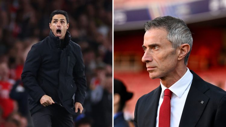 Split Image of: Mikel Arteta manager / head coach of Arsenal during the UEFA Champions League 2024/25 Semi Final First Leg match between Arsenal FC...