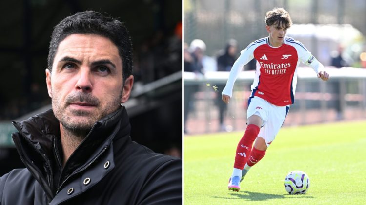Split Image of: Mikel Arteta, Manager of Arsenal, looks on prior to the Premier League match between Ipswich Town FC and Arsenal, Max Dowman of Ars...