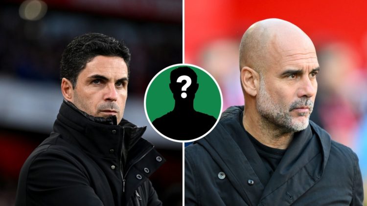 Split Image of: Mikel Arteta, Manager of Arsenal, looks on prior to the Premier League match between Arsenal FC and Crystal Palace, Pep Guardiola i...