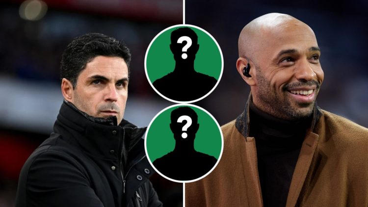 Split Image of: Mikel Arteta, Manager of Arsenal, looks on prior to the Premier League match between Arsenal FC and Crystal Palace, Thierry Henry, ...
