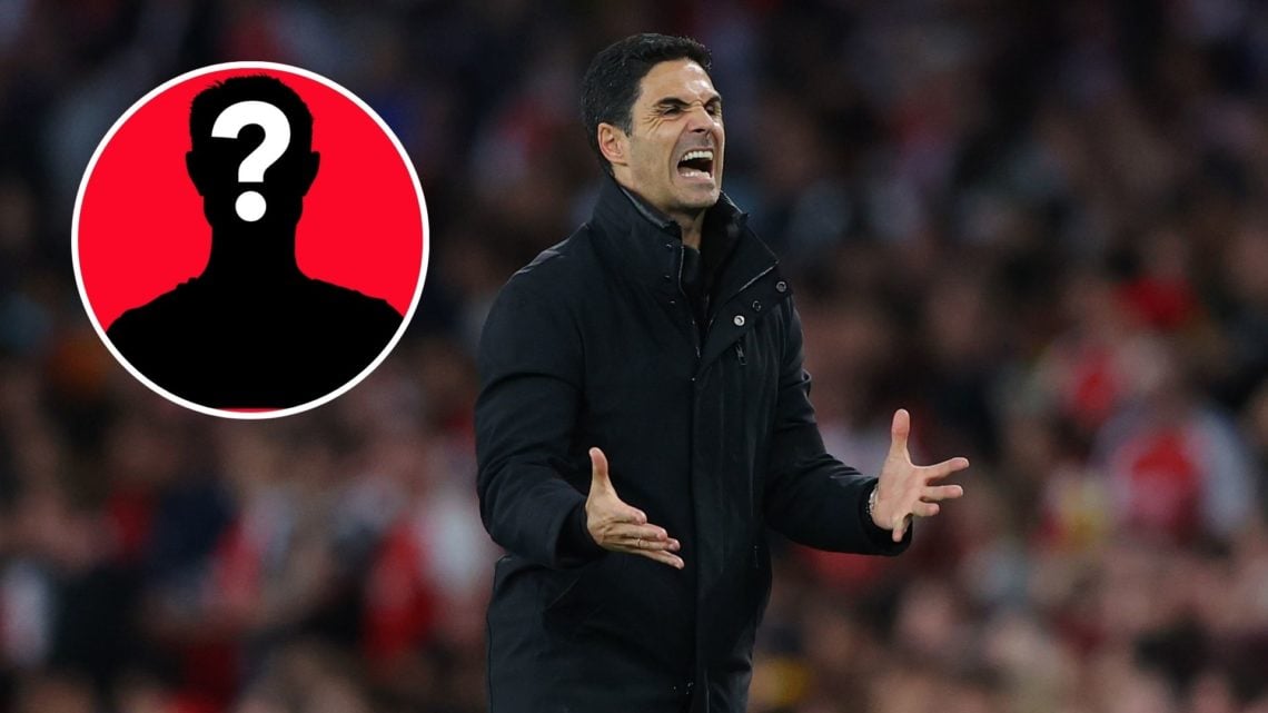 Image of Mikel Arteta reacts in frustration during Arsenal vs PSG, Inset of a mystery player