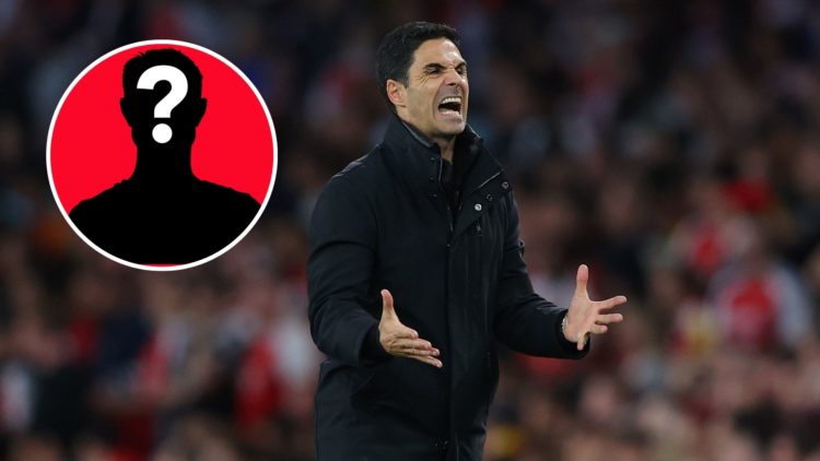 Image of Mikel Arteta reacts in frustration during Arsenal vs PSG, Inset of a mystery player
