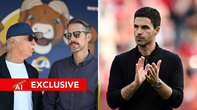 A split image featuring Stan Kroenke and Josh Kroenke, owners of Arsenal, alongside Arsenal manager Mikel Arteta.