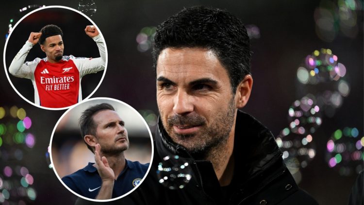 Image of Mikel Arteta, Manager of Arsenal, looks on prior to the Premier League match between West Ham United FC and Arsenal, Insets of Ethan Nwane...