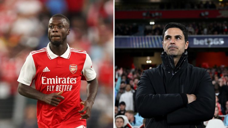 Split Image of: Nicolas Pepe of Arsenal during the pre season friendly between Arsenal and Everton, Mikel Arteta, Manager of Arsenal, looks on prio...