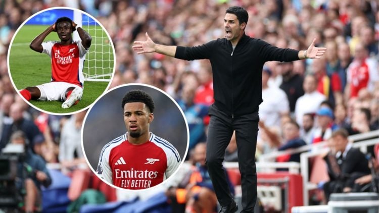 Image of Mikel Arteta, Manager of Arsenal, reacts during the Premier League match between Arsenal FC and Brighton & Hove Albion, Inset of Bukayo Sa...