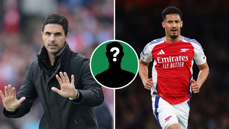 Split Image of Mikel Arteta, Manager of Arsenal, gestures during the Premier League match between Arsenal FC and Newcastle United, William Saliba o...