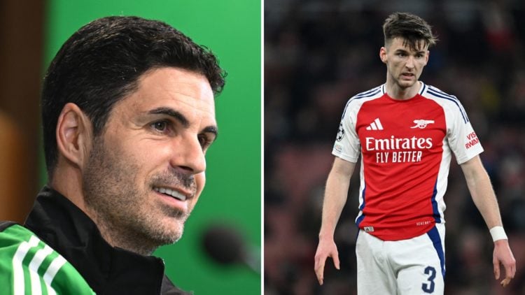 Split Image of Arsenal manager Mikel Arteta during the UEFA Champions League 2024/25 League Phase MD5 press conference, Kieran Tierney of Arsenal d...