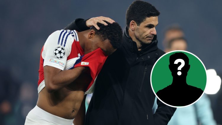 Image of Jurrien Timber of Arsenal is consoled by Mikel Arteta, Manager of Arsenal, at full-time following the team's defeat and subsequent elimina...