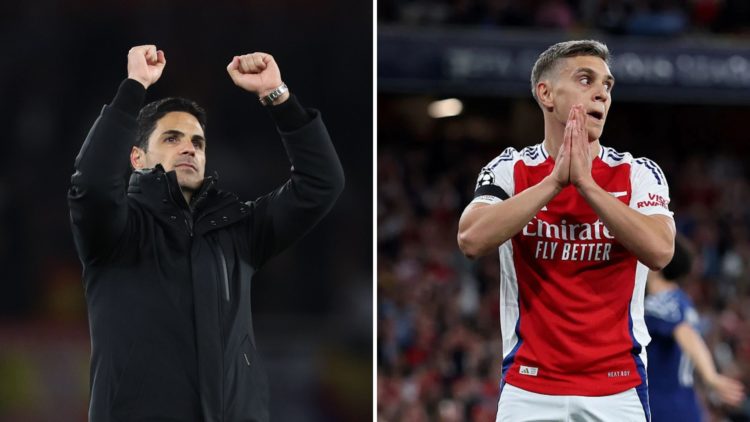 Split Image of Mikel Arteta manager / head coach of Arsenal celebrates at full time during the UEFA Champions League 2024/25 Quarter Final First Le...