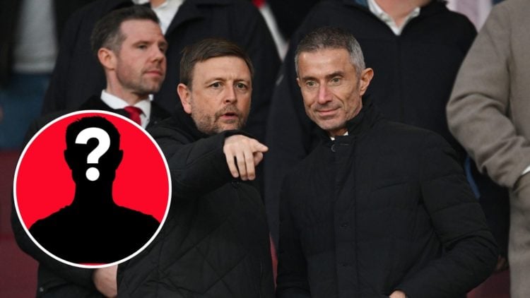 Image of Andrea Berta, Sporting Director of Arsenal (R), speaks to Richard Garlick, Managing Director of Arsenal (L), in the stand prior to the Pre...
