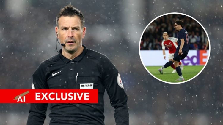 A split image featuring ex-referee Mark Clattenburg and PSG's Vitinha taking a penalty against Arsenal