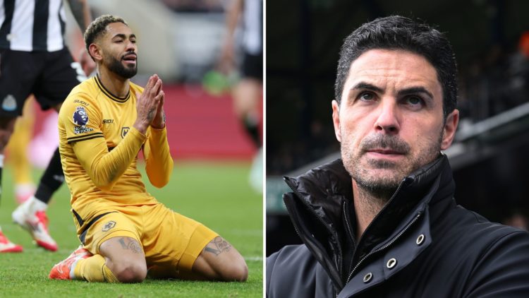 Split Image of: Matheus Cunha of Wolves reacts during the Premier League match between Newcastle United FC and Wolverhampton Wanderers, Mikel Artet...