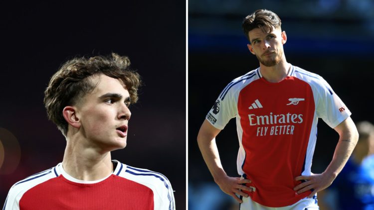 Split Image of Declan Rice of Arsenal looks on during the Premier League match between Everton FC and Arsenal, Max Dowman of Arsenal looks on durin...