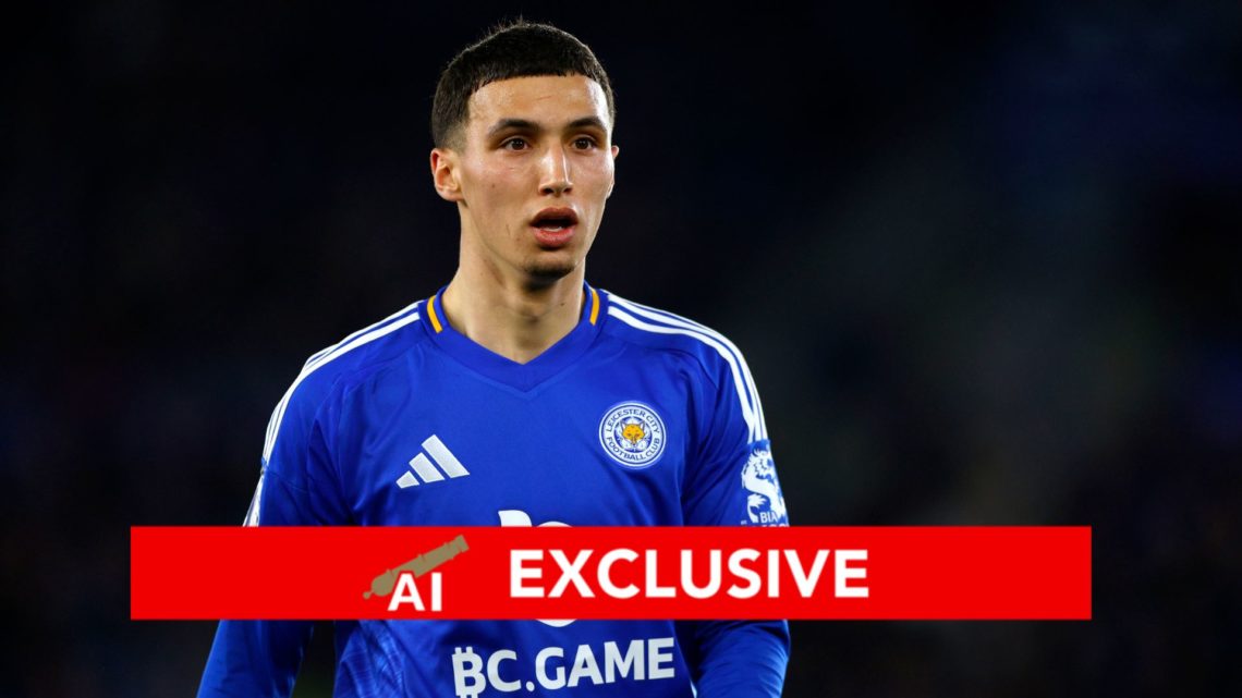 Image of: Bilal El Khannouss of Leicester City looks on during the Premier League match between Leicester City FC and Manchester United