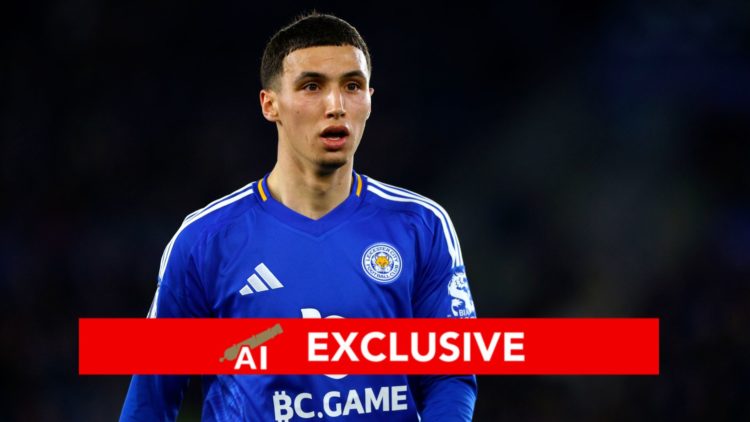 Image of: Bilal El Khannouss of Leicester City looks on during the Premier League match between Leicester City FC and Manchester United