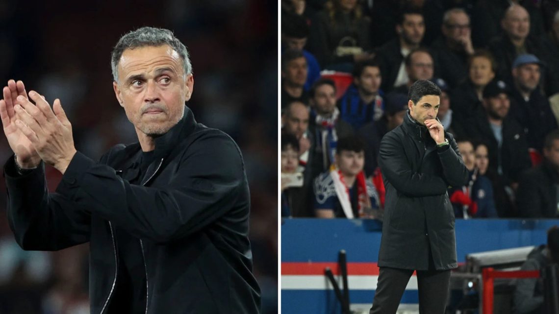 Split Image of: PSG coach Luis Enrique celebrates the victory following the UEFA Champions League 2024/25 Semi Final First Leg match between Arsena...