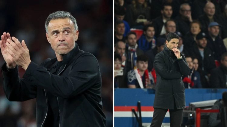 Split Image of: PSG coach Luis Enrique celebrates the victory following the UEFA Champions League 2024/25 Semi Final First Leg match between Arsena...