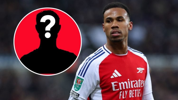 Image of Gabriel Magalhaes of Arsenal during the Carabao Cup Semi Final Second Leg match between Newcastle United and Arsenal, Inset of a mystery p...