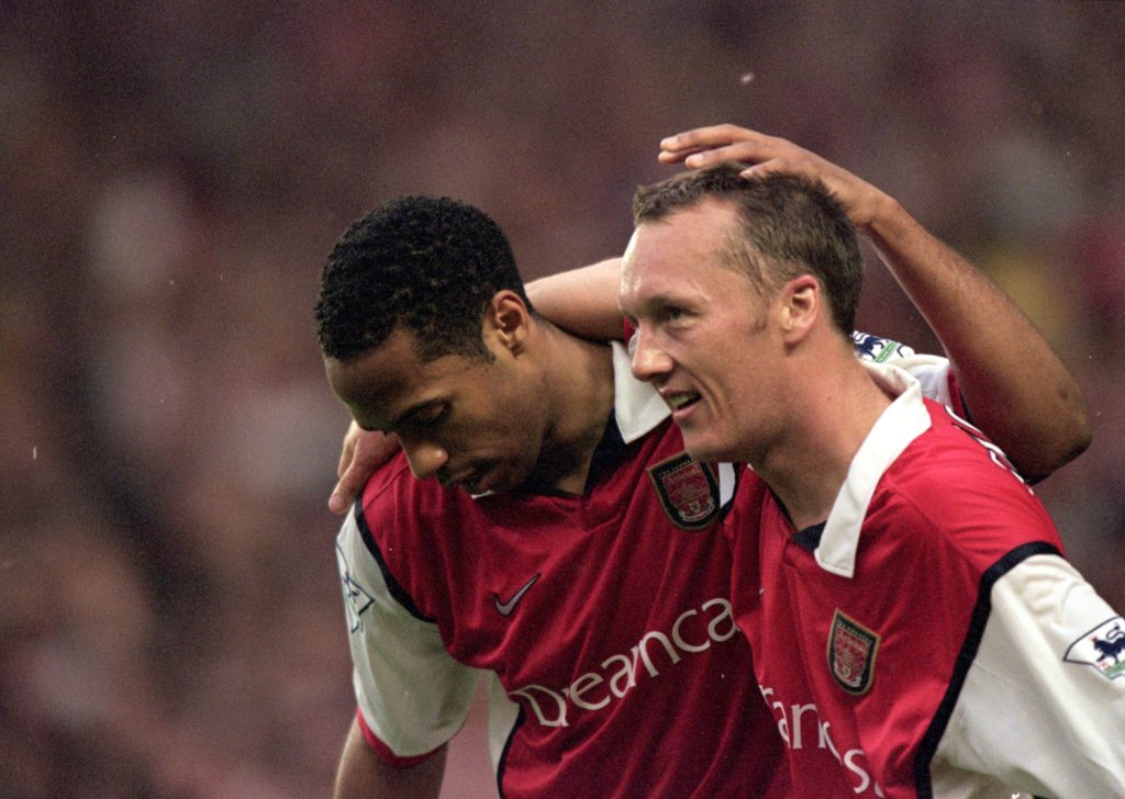Thierry Henry and Lee Dixon celebrate during Arsenal v Sheffield Wednesday in the Premier League clash in 2000.