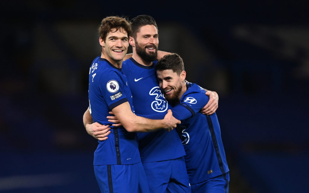 Jorginho celebrates with Olivier Giroud during Chelsea v Newcastle United in the Premier League.