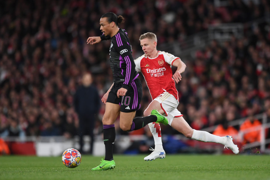 Oleksandr Zinchenko and Leroy Sane face up in a Champions League clash between Arsenal and Bayern Munich at the Emirates.