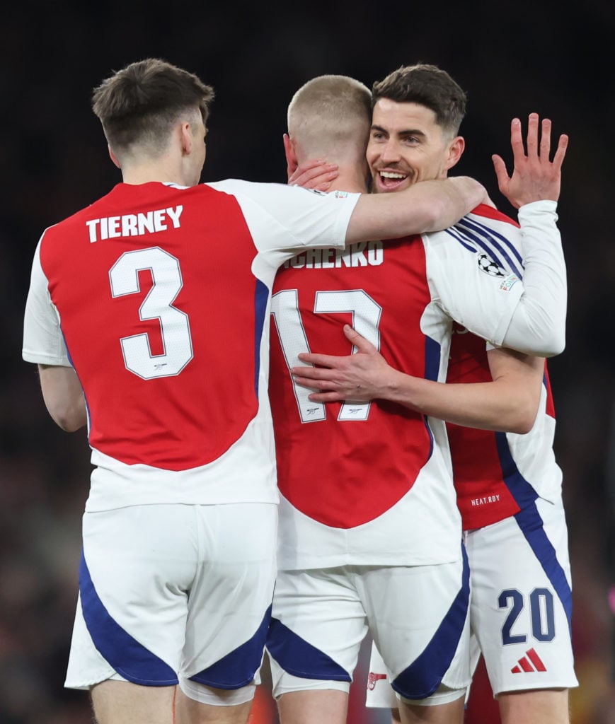 Jorginho celebrates with Kieran Tierney and Oleksandr Zinchenko during Arsenal FC v PSV Eindhoven in the UEFA Champions League 2024/25 Round of 16 Second Leg.