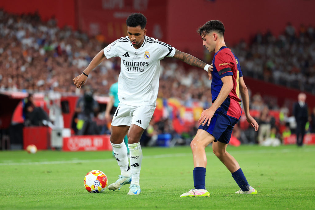 Rodrygo in action during FC Barcelona v Real Madrid in the Copa del Rey Final.
