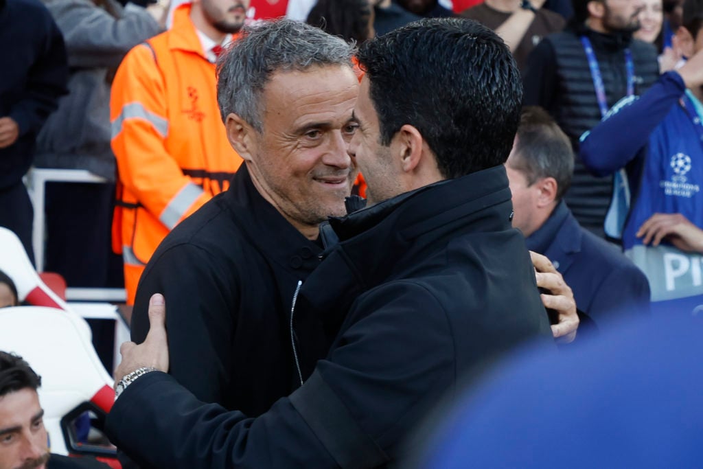 Luis Enrique greets Mikel Arteta before Arsenal vs PSG