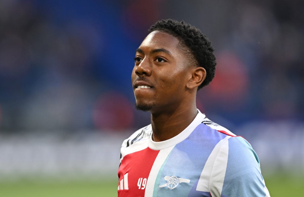 Myles Lewis-Skelly warming up before Paris Saint-Germain v Arsenal FC in the UEFA Champions League 2024/25 Semi Final Second Leg