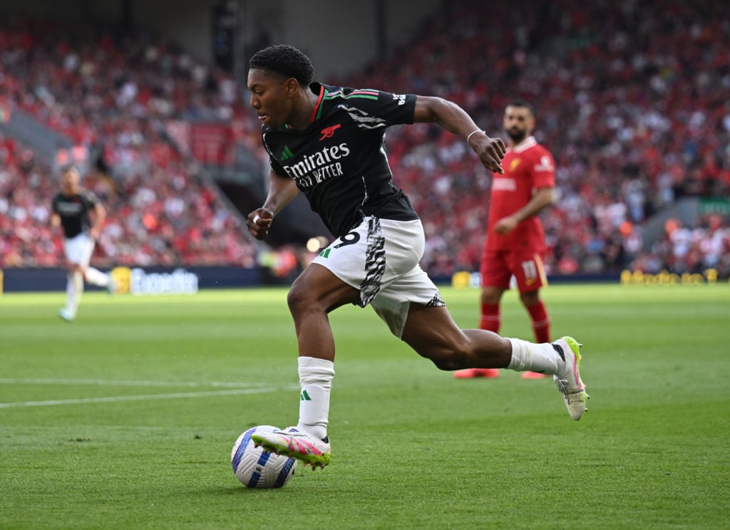 Myles Lewis-Skelly in action during Liverpool FC v Arsenal FC in the Premier League clash.