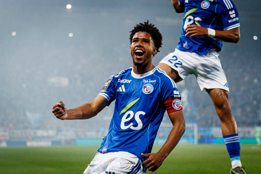 Andrey Santos celebrates after scoring for Strasbourg