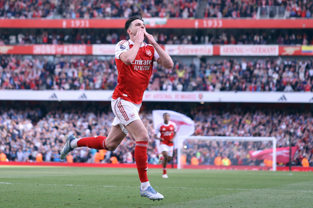 Declan Rice of Arsenal celebrates after scoring the opening goal during the Premier League match between Arsenal FC and Newcastle United FC