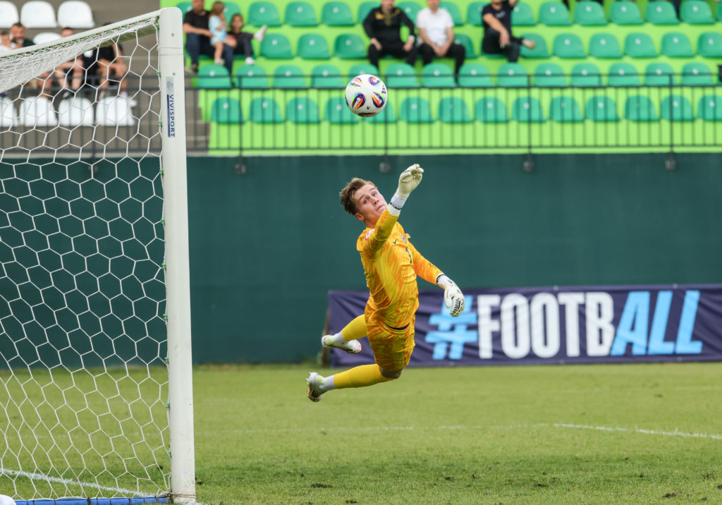 Jack Porter diving to attempt a save during England v Belgium in UEFA European Under-17 Championship 2024/25
