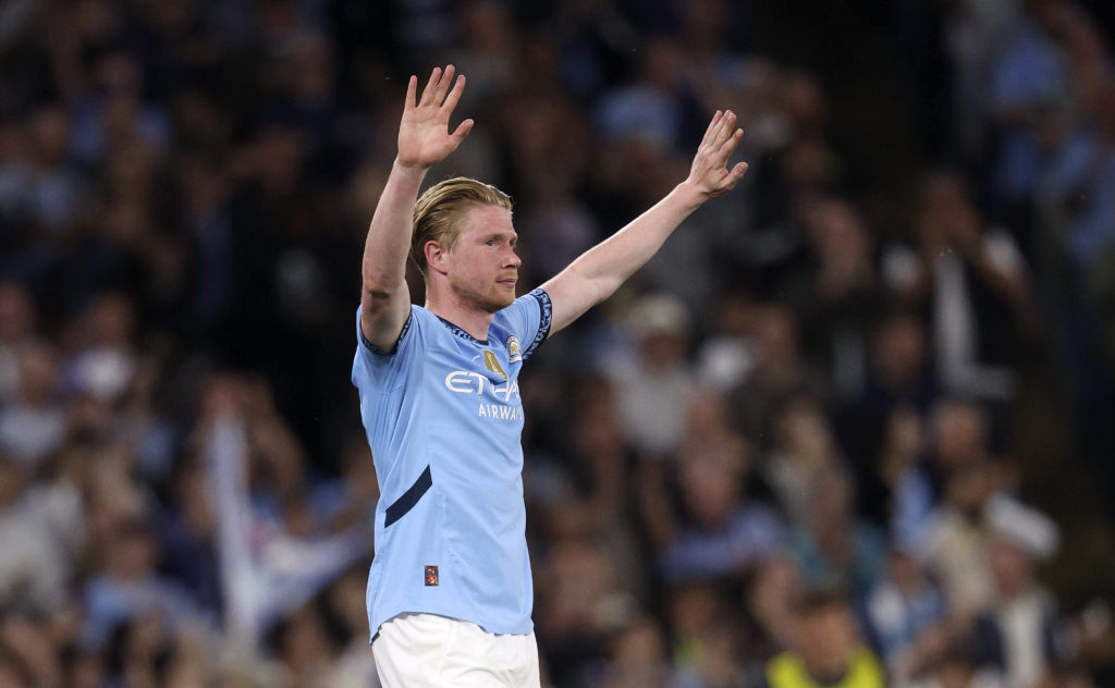 Kevin De Bruyne salutes the crowd during Manchester City FC v AFC Bournemouth in the Premier League clash.