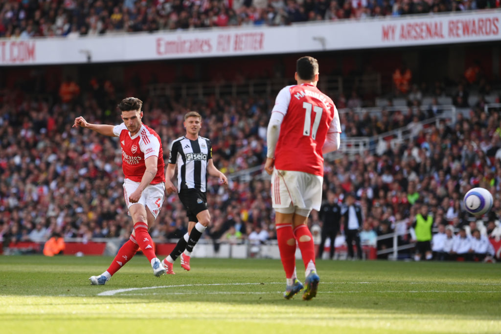 Declan Rice opens the scoring during Arsenal FC v Newcastle United FC in the Premier League clash.