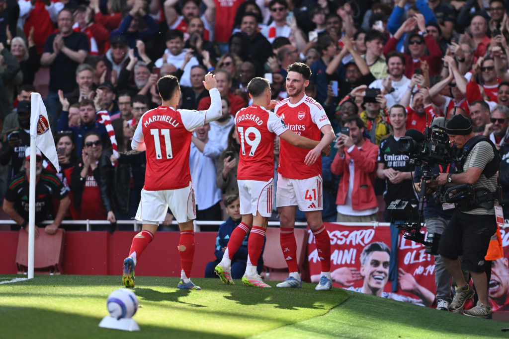 Declan Rice celebrating after scoring for Arsenal in the Premier League