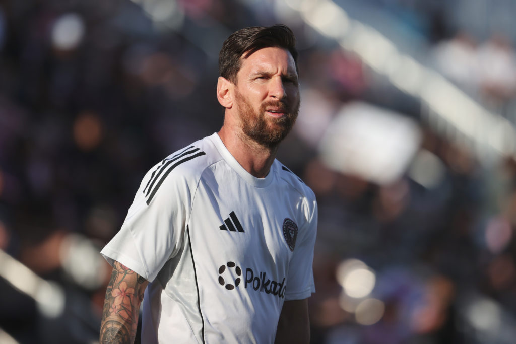 Lionel Messi looks on before an Inter Miami match