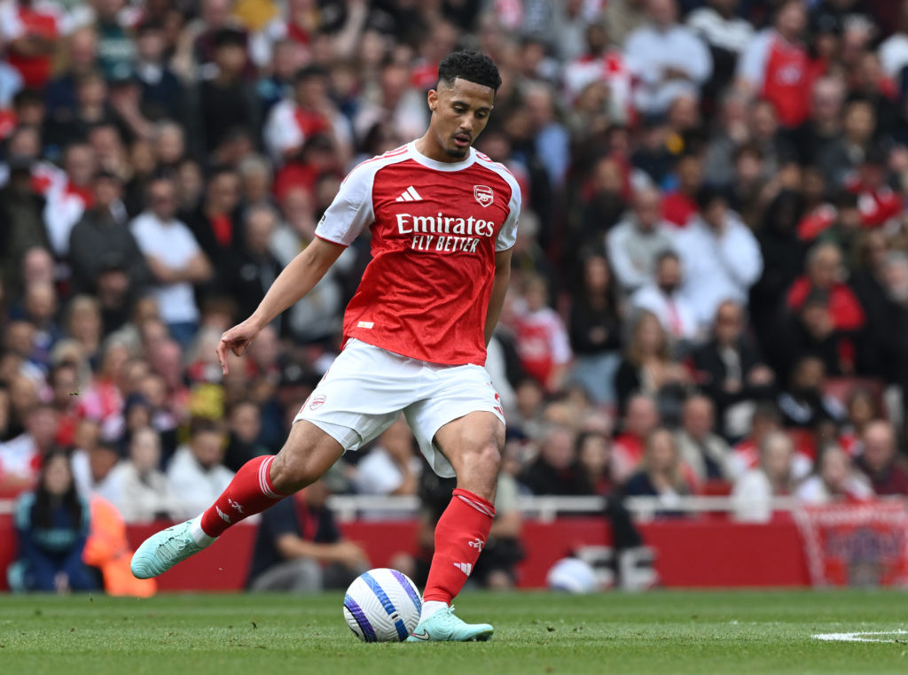 William Saliba in action during Arsenal FC v Newcastle United FC in the Premier League clash.