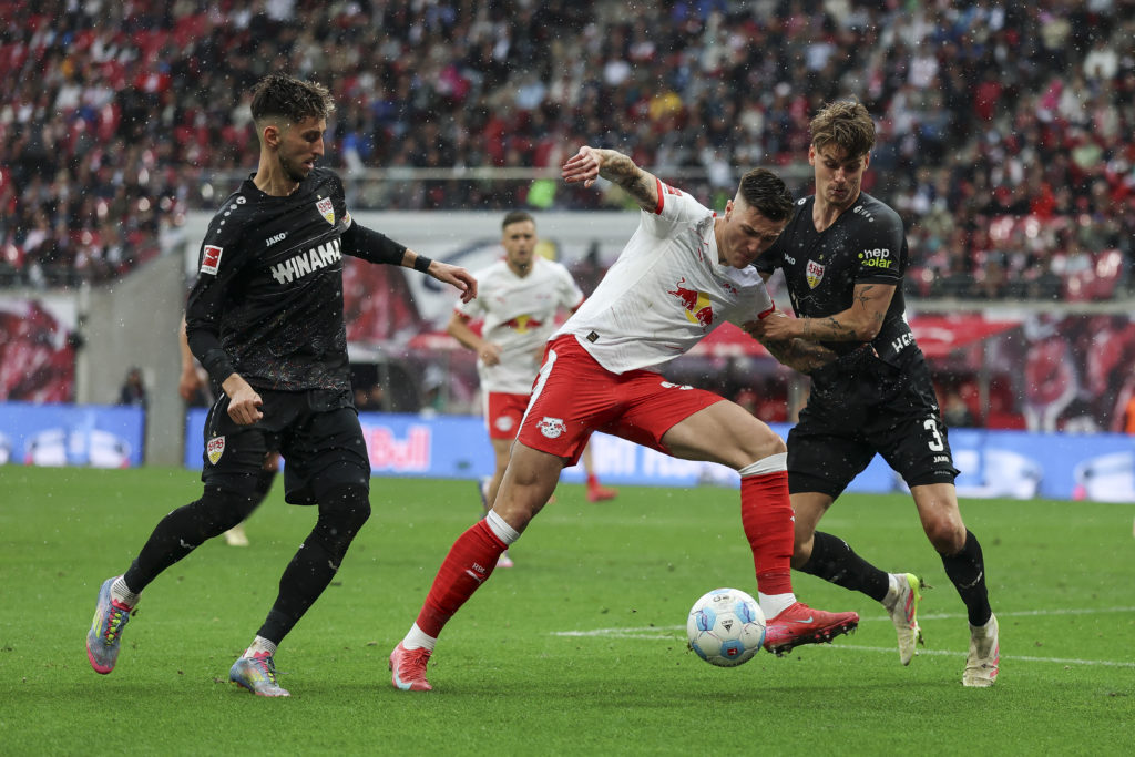 Benjamin Sesko in action during RB Leipzig v VfB Stuttgart in the Bundesliga clash.