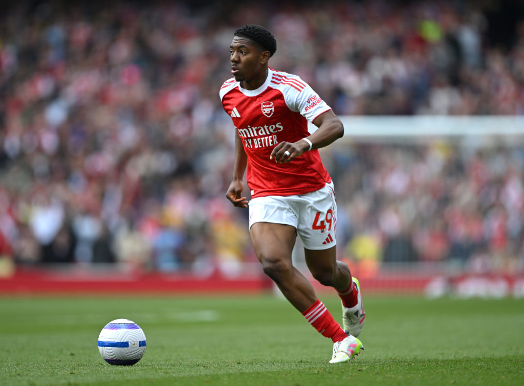 Myles Lewis-Skelly in action during Arsenal FC v Newcastle United FC in the Premier League.