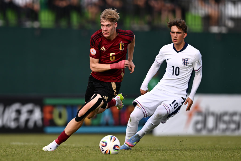 Max Dowman battles for the ball during England under-17s vs Belgium under-17s