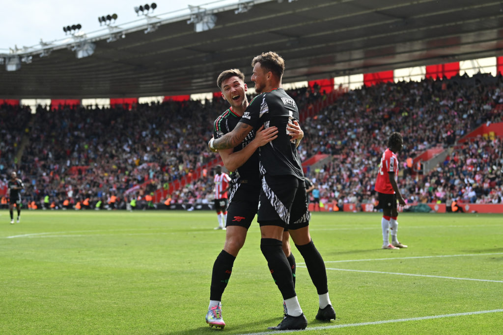 Kieran Tierney celebrates with Ben White during Southampton v Arsenal in the Premier League clash.